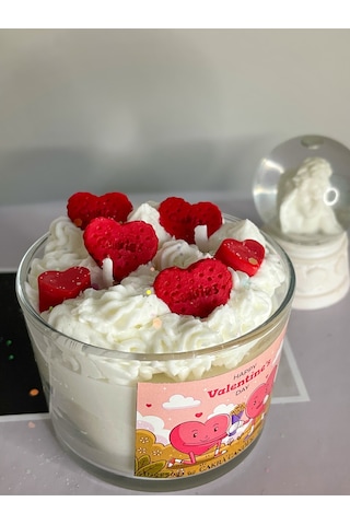 Kremalı Kalp Sevgi Model Kokulu Soya Cam Bardak Mum Kırmızı