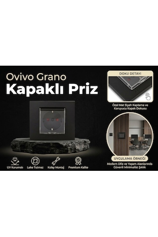Ovivo Grano Siyah Kapaklı Topraklı Priz Çerçeve + Mekanizma Tam Set