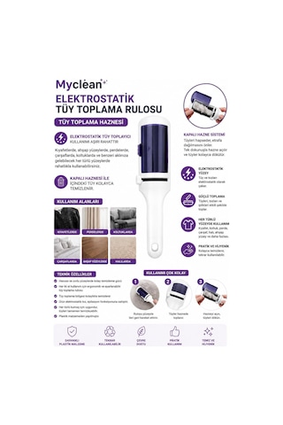 Myclean Elektrostatik Tüy Toplama Rulosu Hazneli Yeniden Kullanılabilir Tüy Toplayıcı Kıyafet, Koltuk, Halı, Perde, Çarşaf Ve Araç İçi İçin Pratik Tüy, Saç Ve Toz Temizleyici Diğer