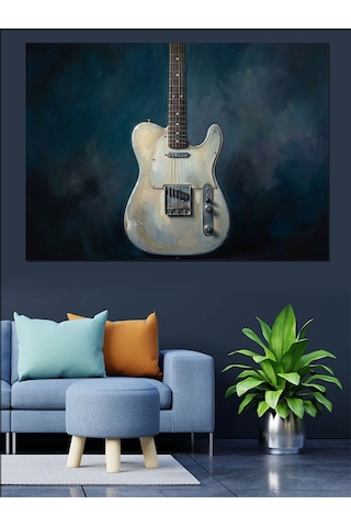 Mavi Fondaki Klasik Beyaz Gitar Dekoratif Kanvas - Mdf Ahşap Tablo