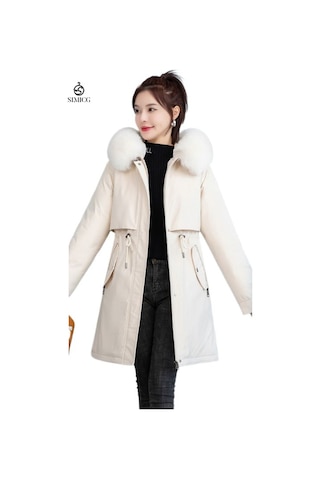 Kadın Orta Uzunlukta Kışlık Kalınlaştırılmış Pamuklu Ceket Beyaz