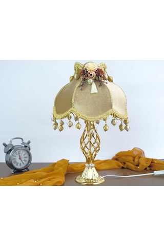 Kadife Kaplı Çiçek Dekorlu Gold Kaplama Vintage Abajur 13798424 Diğer