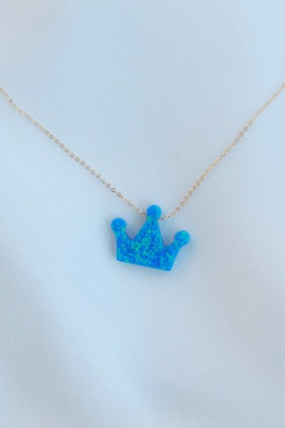 Opal Taşlı Kral Tacı Gold Kolye Mavi