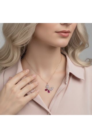 925 Ayar Gümüş Fuşya Damla Ve Baget Taşlı Kelebek Kolye Rose Gold