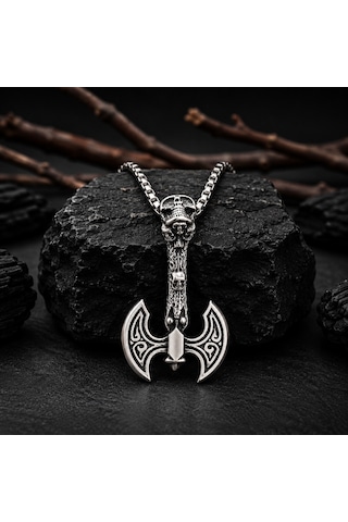 Paslanmaz Çelik Gotik Tarz Kurukafa Balta Kolye Gümüş