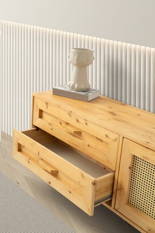 Tv Sehpası 2 Çekmeceli 1 Hasır Kapaklı Natural Ağaç 180cm Kurulu Gönderilir Naturel