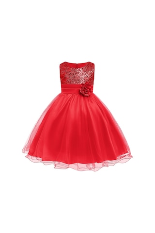 Kız Çocuk Pullu Payetli Abiye Elbise-Kırmızı