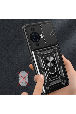 Huawei Nova 12s Kılıf Sürgülü Kamera Koruyucu Manyetik Standlı Tank Koruma Ogaa Siyah