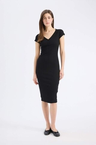 DeFacto Bodycon Vücudu Saran V Yaka Fitilli Kaşkorse Kısa Kollu Midi Elbise E7368AX25SPBK81
