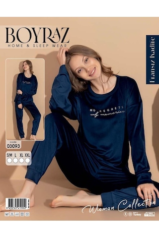 Boyraz Kadın Kışlık Fransız Kadife Bisiklet Yaka Uzun Kol Pijama Takımı 03093- 1 Adet Lacivert