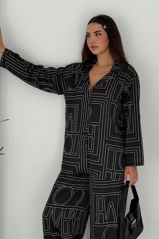 Geometrik Desen Modal Saten Takım Siyah Siyah