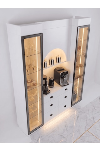 Lüks High Gloss Mutfak Dolabı & Kahve Köşesi Mdf Gövde, Led Aydınlatmalı, 6 Çekmeceli 190x230 Beyaz