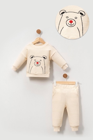 Pamuklu Relaxed Animal Detaylı Yumuşak Doku Erkek Bebek Takım Bej