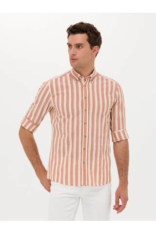 Cacharel Kiremit Slim Fit Uzun Kollu Çizgili Gömlek Kırmızı