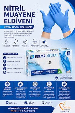 Drema Nitril Muayene Eldiveni Mavi 1 Kutu 100 Adet Small, Medium, Large