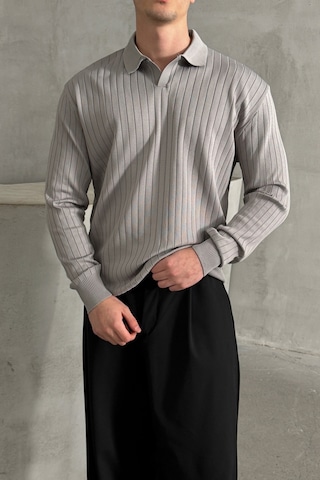 Erkek Polo Yaka Fitilli Oversize Triko Kazak Gri