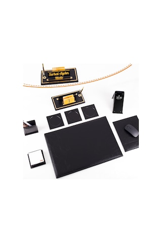 Optima 9 Parça Siyah Deri Sümen Seti Takımı Gold Kalem Ofis Masa İsimliği Kalite Masa Sümeni İsimlik