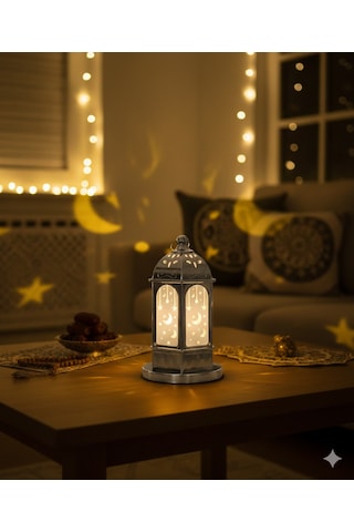 16 Cm Ramazan Ledli Gümüş Tabanlı Parlak Model Fener - Dekoratif Ramazan Feneri Diğer