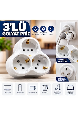 3'lü Golyat Yonca Topraklı Fiş -priz Çoğaltıcı 3'lü Priz