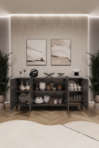 Asra Trend 4 Kapaklı Konsol KNSL01 %100 MDF Metal Ayaklı Çok Amaçlı Dolap Antrasit