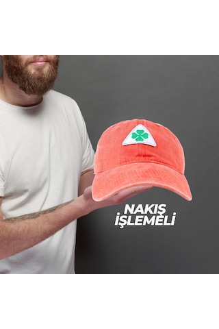 Perlotus Vintage Yıkamalı Pamuk Şapka Dört Yapraklı Yonca Nakışlı Turuncu Turuncu