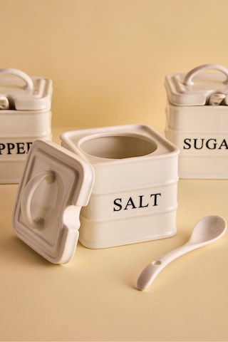 Bianca 3'lü Beyaz Kulplu Porselen Kare Baharatlık Takımı Beyaz Beyaz