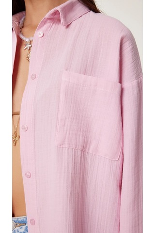 Kadın Oversize Basic Cepli Müslin Gömlek Pembe