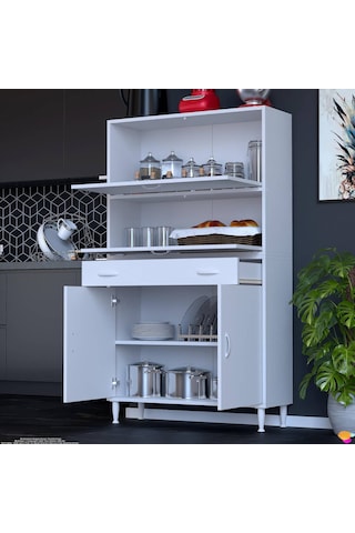 Modilayn Vio 90x163,4x32,5 Cm Yeni Çekmeceli, Kapaklı, Ekmeklikli, Çok Amaçlı Mutfak Dolabı. Beyaz