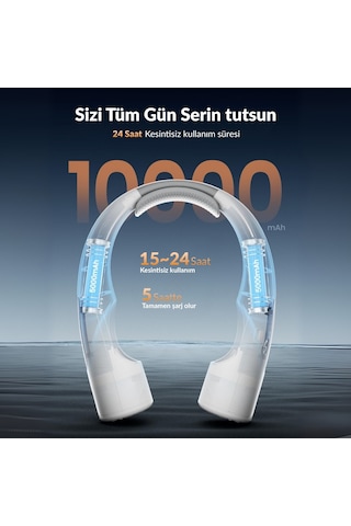 Warmco N1 Boyun Vantilatörü 10000mah Şarjlı Dijital Göstergeli 4 Kademeli Taşınabilir Soğutucu Fan Beyaz