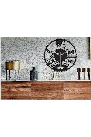 Barber Shop 3 Temalı Dekoratif Ahşap Duvar Saati Ahşap