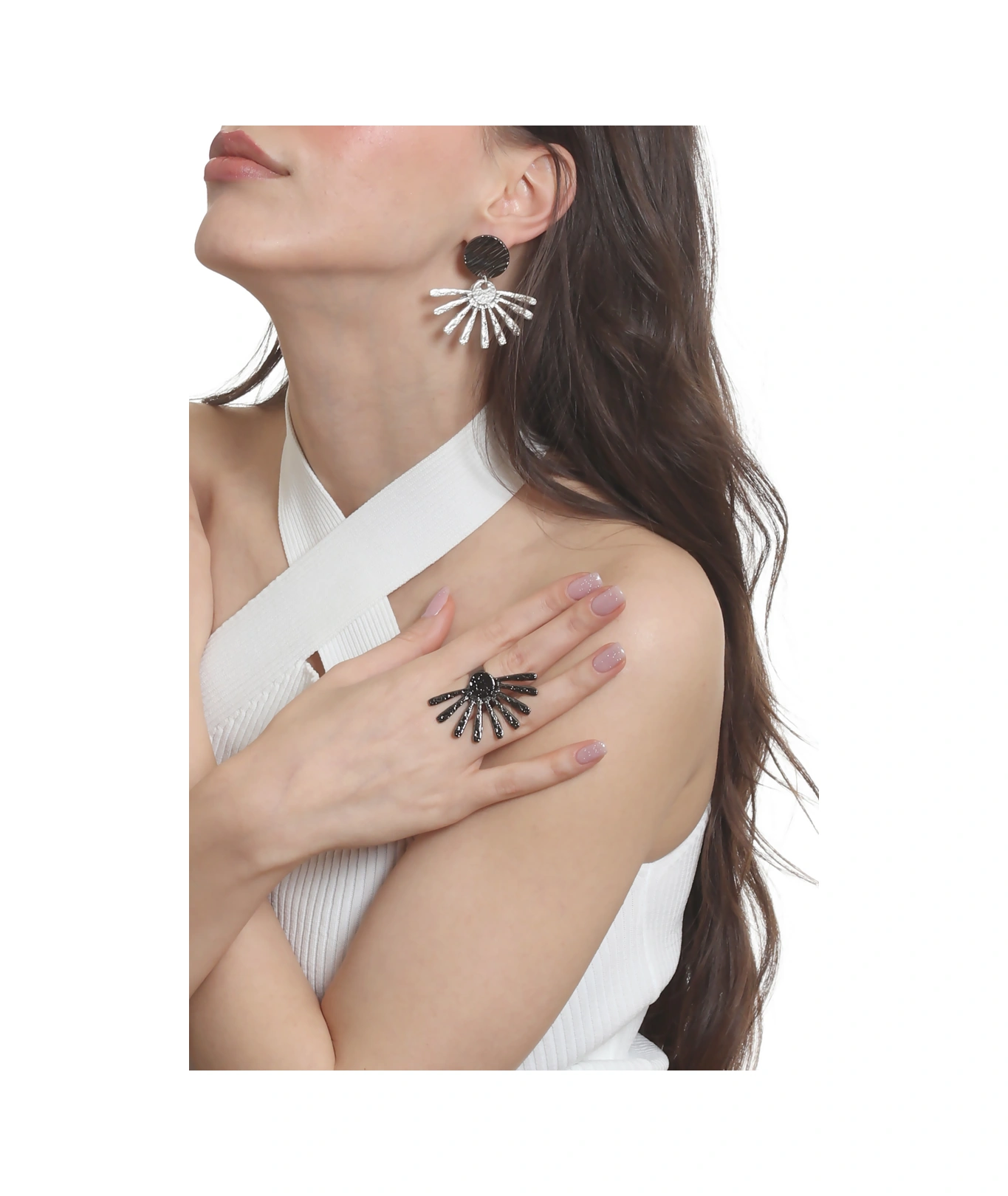 Labalaba Kadın Çivili Model Güneş Küpe & Yüzük Seti Çok Renkli