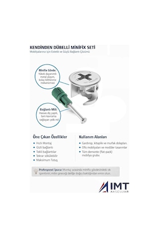 İmt Aksesuar 10 Mm Kendinden Dübelli Minifix Gövde Ve Mil Seti - Mobilya Bağlantı Elemanı 100 Parça Metalik Çok Renkli