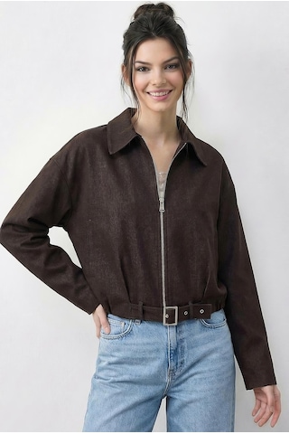 Shade Kadın Oversize Kemer Detaylı Fermuarlı Astarlı Denim Bomber Ceket 2917 60286040 - Kahverengi