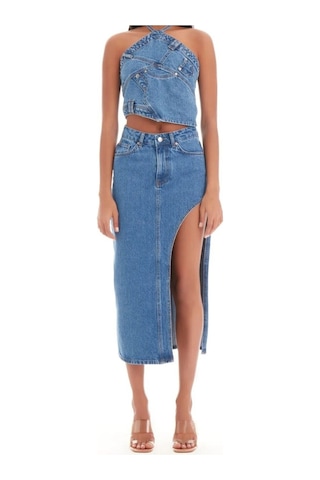 Pass&Pass 2094 Kadın Likrasız Yandan Yırtmaçlı Jeans Kot Denim Etek Mavi