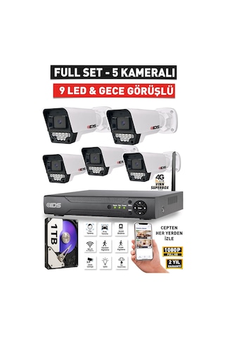 5 Kameralı Gece Görüşlü 5mp Lensli Fullhd Gece Görüşlü 9 Led Kamerası Seti - 1tb