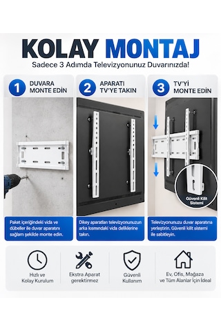 Beyaz Tv Duvar Askı Aparatı 40 75 İnç Led Lcd Qled Smart Tv Uyumlu Sabit Duvar Montaj Aparatı