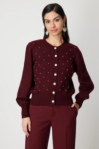On Kadın İnci Düğmeli Triko Hırka 63922 Bordo Bordo