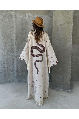 Yılan Astroloji Yıldız Haritası Püsküllü Doğal Kumaşlı Bohem Sahil Tatil Festival Karnaval Vibe Boho Kimono Kaftan Pareo Bej