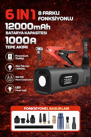 6in1 Akü Takviye Hava Kompresörü Süpürge 12000mah 1000a 150psı Powerbank Led