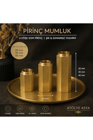 Atölye Asya 6 Köşe Som Pirinç Mumluk 20/30/40 Mm 24 Mm Genişlik Dekoratif Mumluk Gold