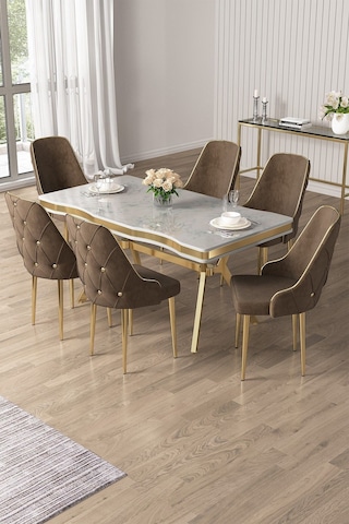 Canisa Vae Serisi 90x160 Lak Panel Beyaz Mermer Desen Gold Ayak Masa Takımı 6 Kahve Sandalye Beyaz Mermer Desen Masa Sandalyeler Kahve