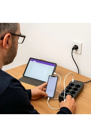 Akım Korumalı Termal Uzatma Kablosu 8 Priz, 2 Usb Ve 2 Type-c Girişli, Güçlü Çoklu Priz 5468 Standart