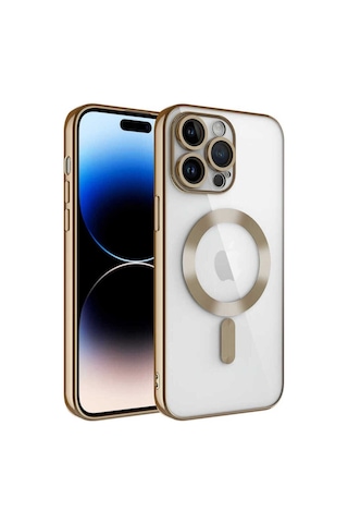 Teknomoda İphone Uyumlu 15 Pro Max Kılıf Kamera Lens Korumalı Renkli Magsafe Şeffaf Silikon Gold