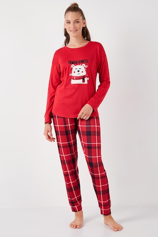 Lela Streç Standart Fit Bisiklet Yaka Desenli Bayan Pijama Takımı 6095700 Kırmızı