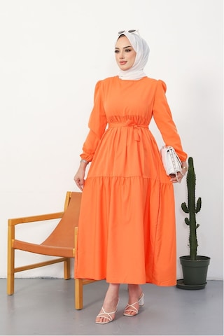 Akel Katlı Tam Boy Kuşaklı Tesettür Elbise 281 - Turuncu