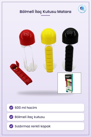 İlaç Kutusu Matara 600 Ml Plastik Suluk Bölmeli Günlük Hap Organi Çok Renkli