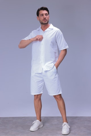 Erkek Rahat Kalıp Cepli Keten Gömlek Ve Beli Lastikli Şort Yazlık Oversize Takım Beyaz