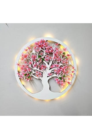 Led Işıklı Ve Pembe Sakura Hayat Ağacı Tablo 40cm - Beyaz