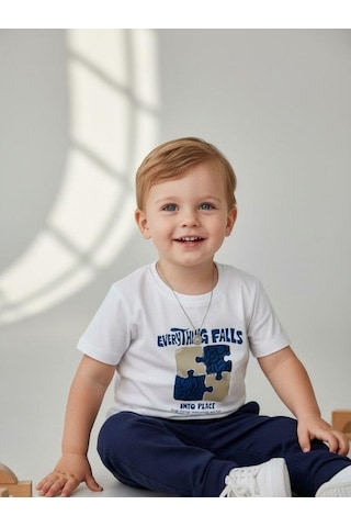 Zekids Erkek Bebek Yapboz Baskılı Pamuklu Kısa Kollu T-shirt-16930 Beyaz