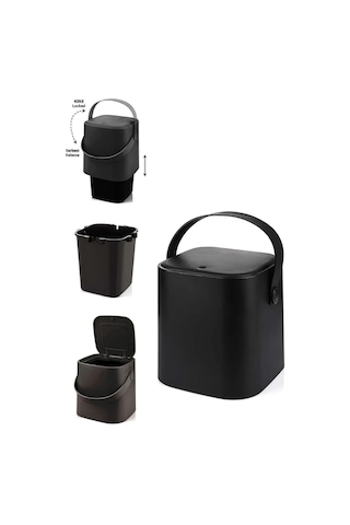 Tutma Saplı İç Kovalı Tezgah Üstü Mutfak Çöp Kovası, 4 Litre, Kilitli Kapak, Click Kapak, 20x20 Siyah